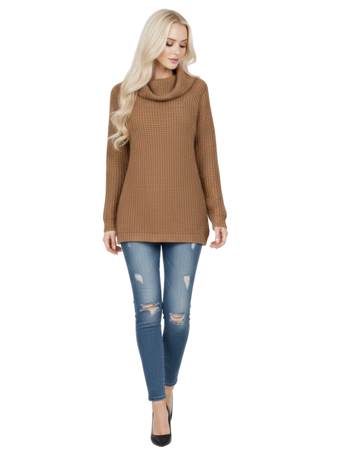 Cowl Neck Oversized Pop-Corn Knit Tunic Sweater
