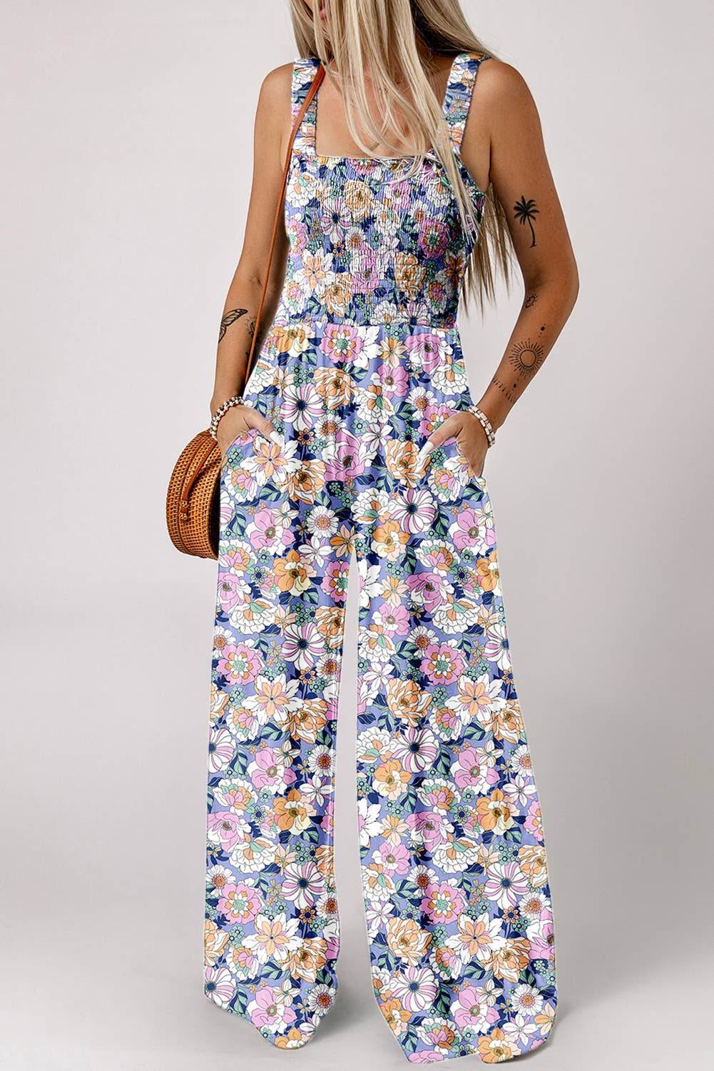 Boho Floral Print Smocked High Waist Square Neck Jumpsuit