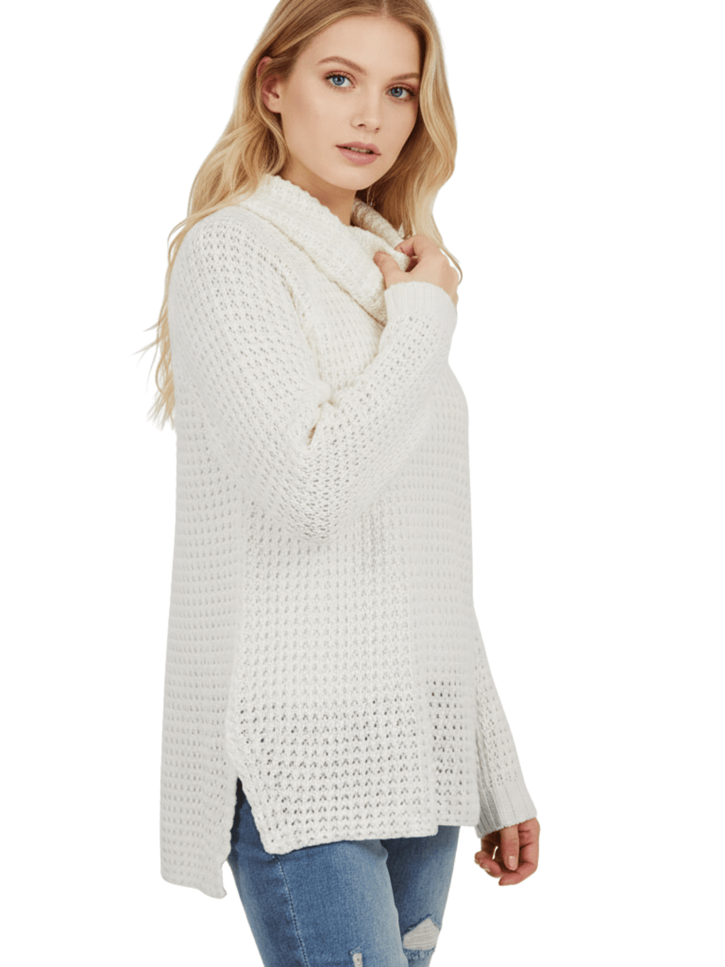 Cowl Neck Oversized Pop-Corn Knit Tunic Sweater