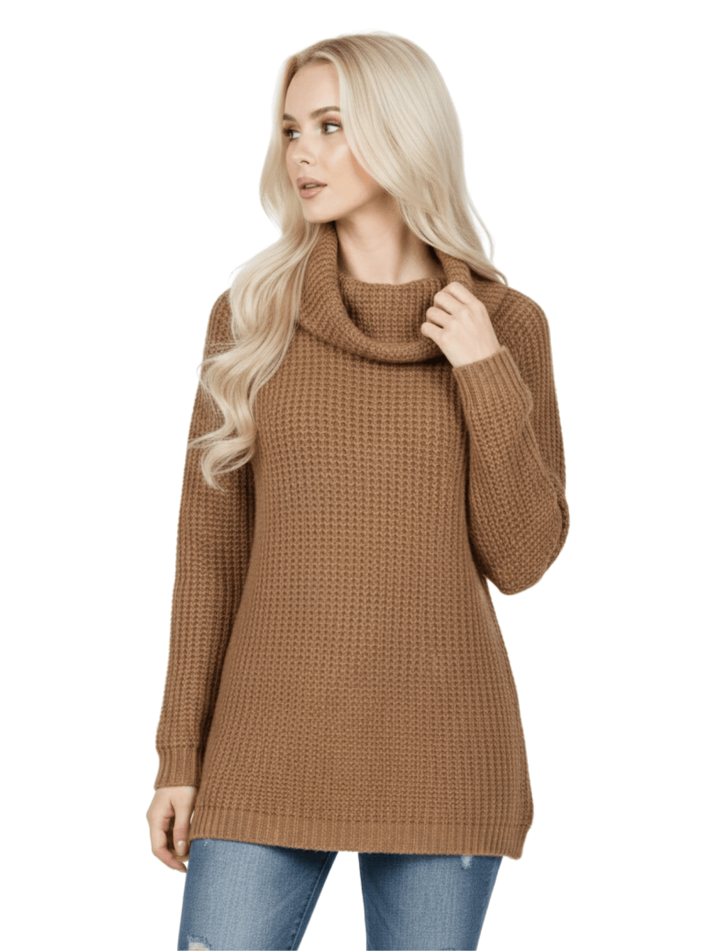 Cowl Neck Oversized Pop-Corn Knit Tunic Sweater