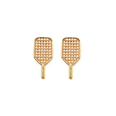 Gold pickleball paddle-shaped earrings on a white background
