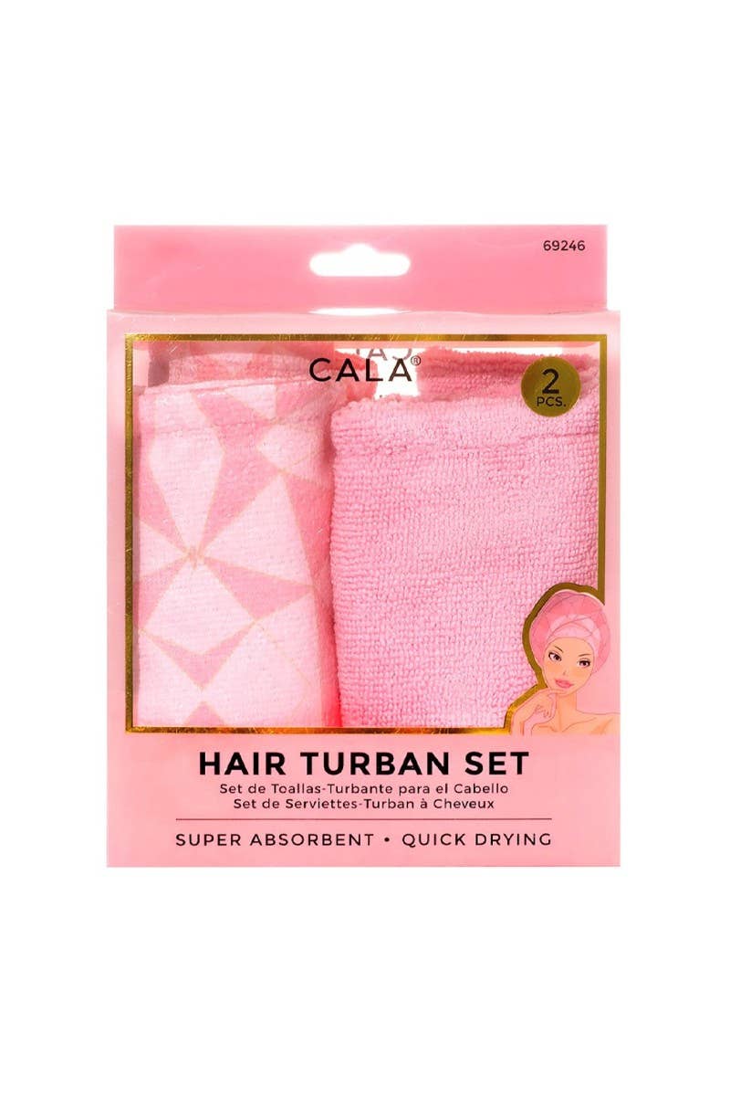 Packaged hair turban set with pink towels and CALA branding on a white background