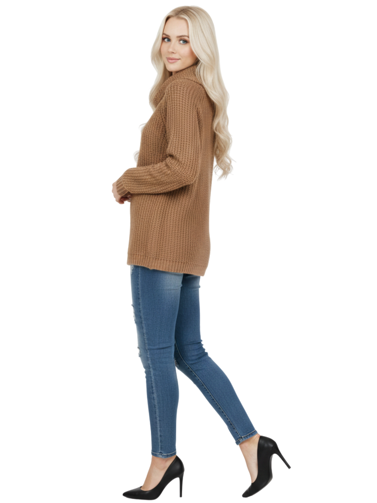 Cowl Neck Oversized Pop-Corn Knit Tunic Sweater