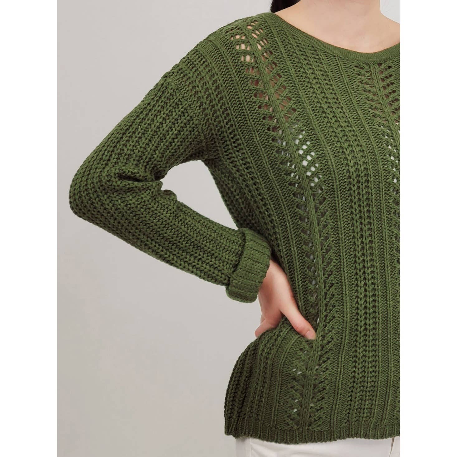 Leaf Crochet Detailed Rolled Up Sleeve Sweater