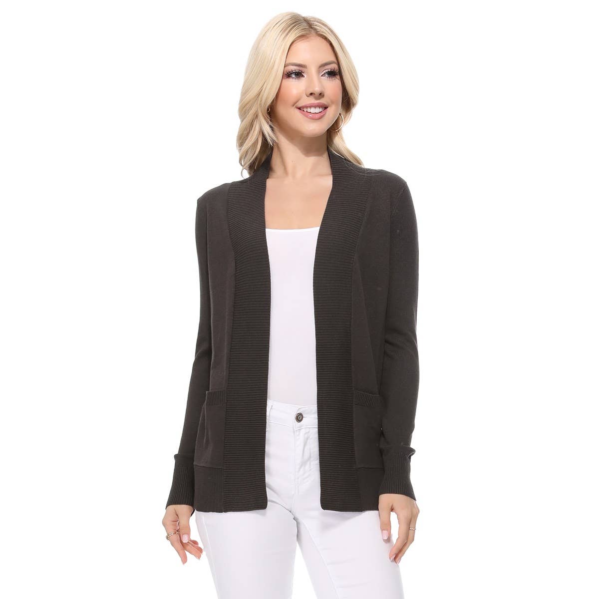 Long Sleeve Open Front Knit Shrug w/ Pocket Cardigan