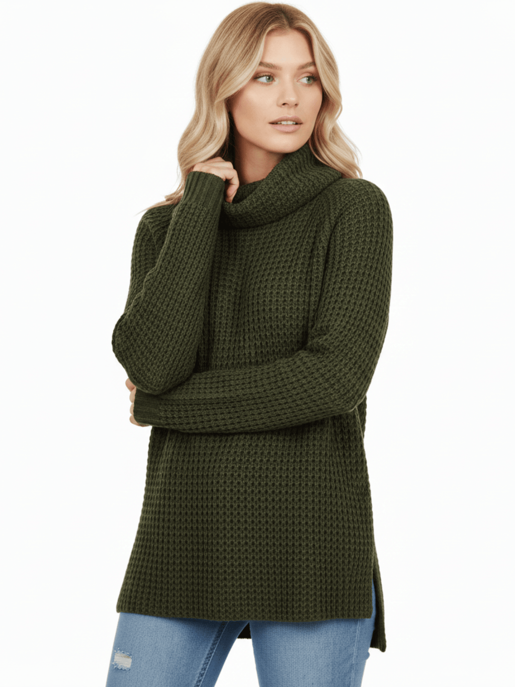 Cowl Neck Oversized Pop-Corn Knit Tunic Sweater