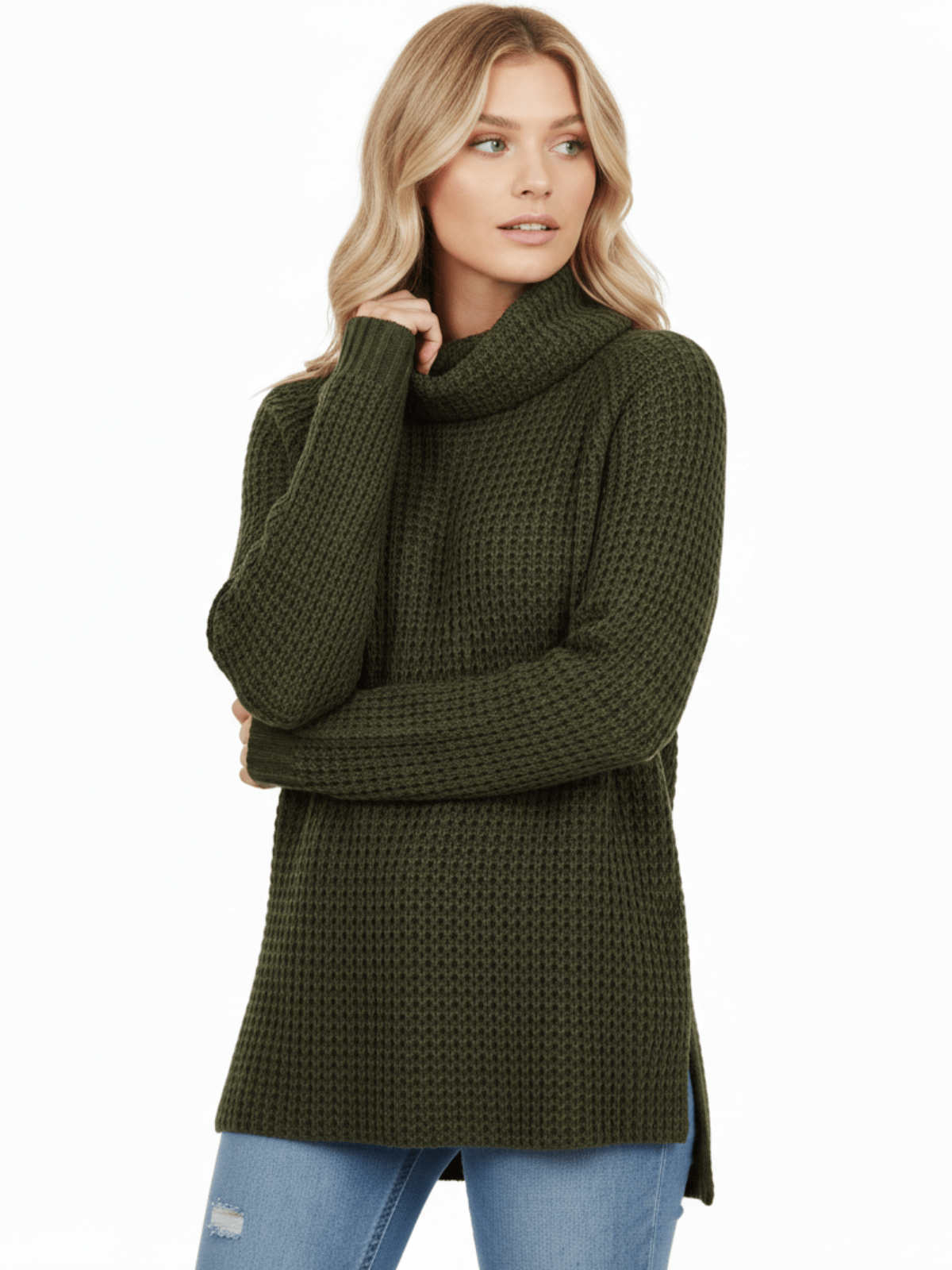 Cowl Neck Oversized Pop-Corn Knit Tunic Sweater