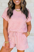 Striped Textured Knit Top and Short 2pc Sets