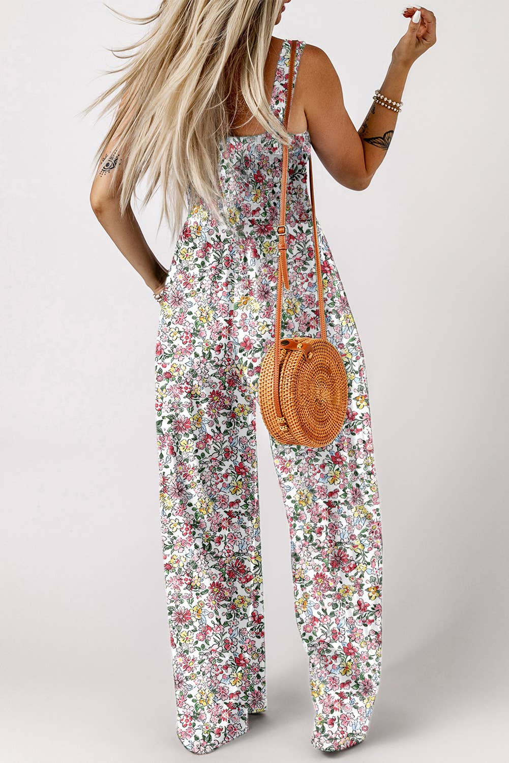 Boho Floral Print Smocked High Waist Square Neck Jumpsuit