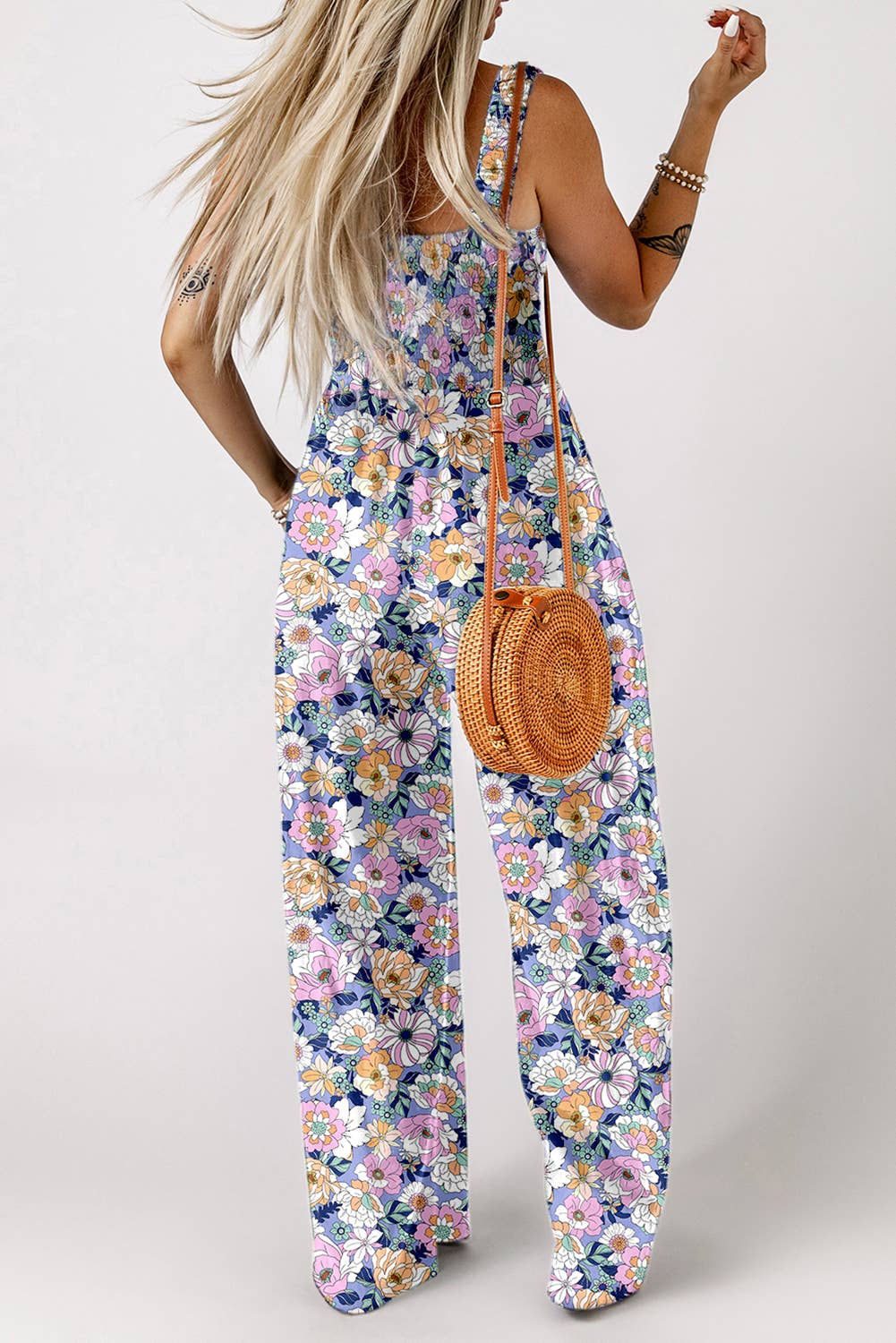 Boho Floral Print Smocked High Waist Square Neck Jumpsuit
