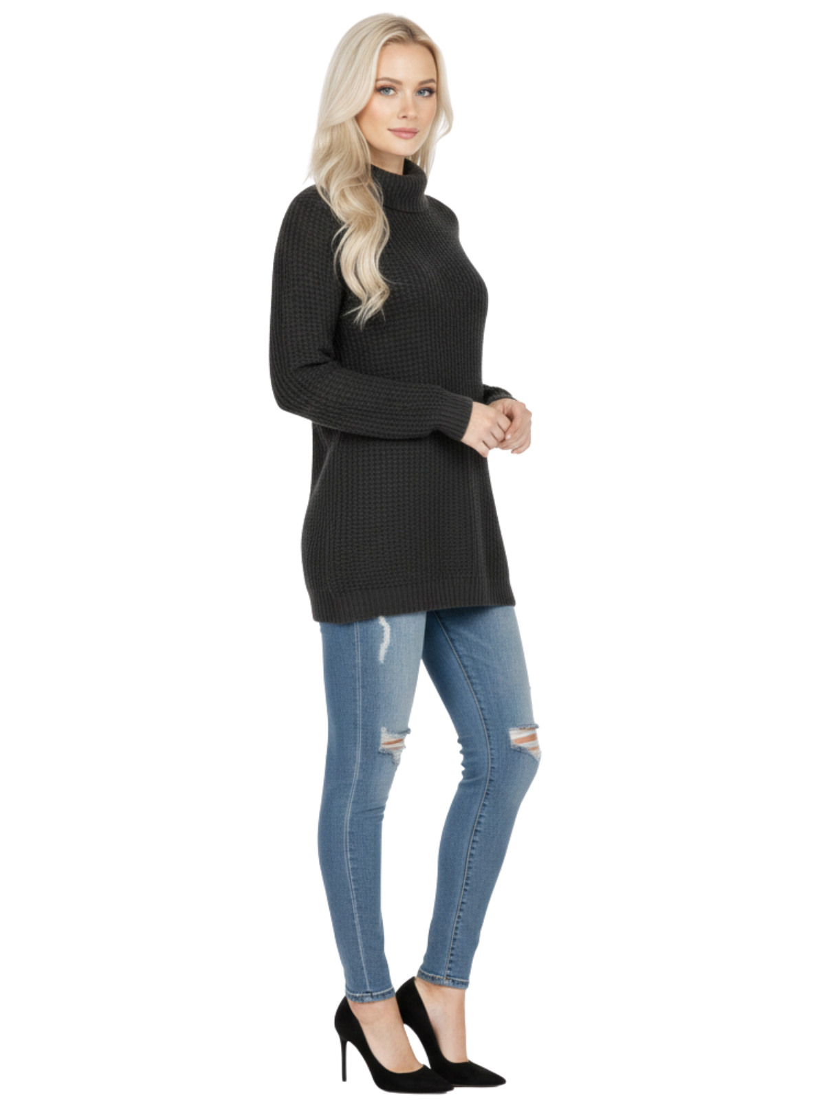 Cowl Neck Oversized Pop-Corn Knit Tunic Sweater