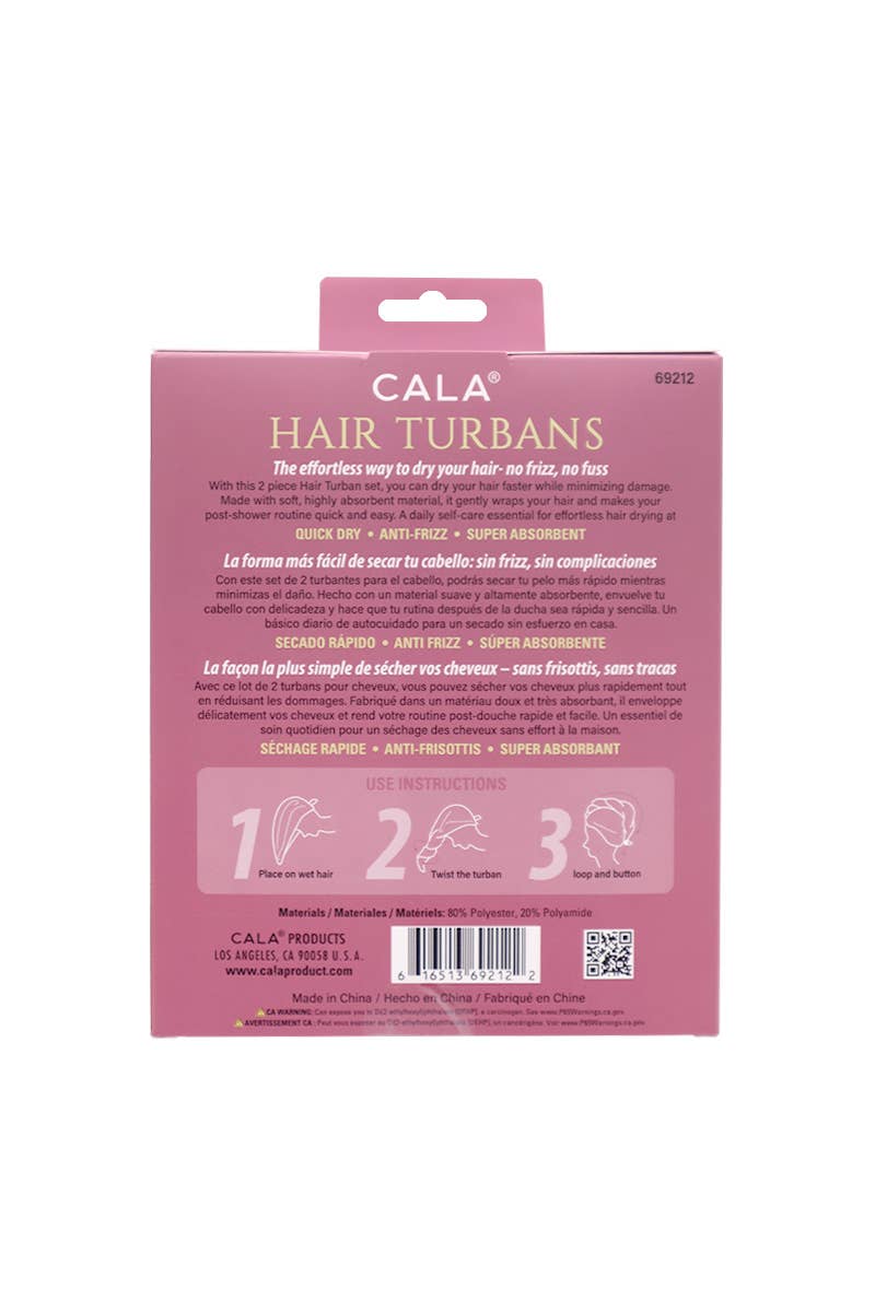 Back of a Cala hair turban packaging with text and branding.